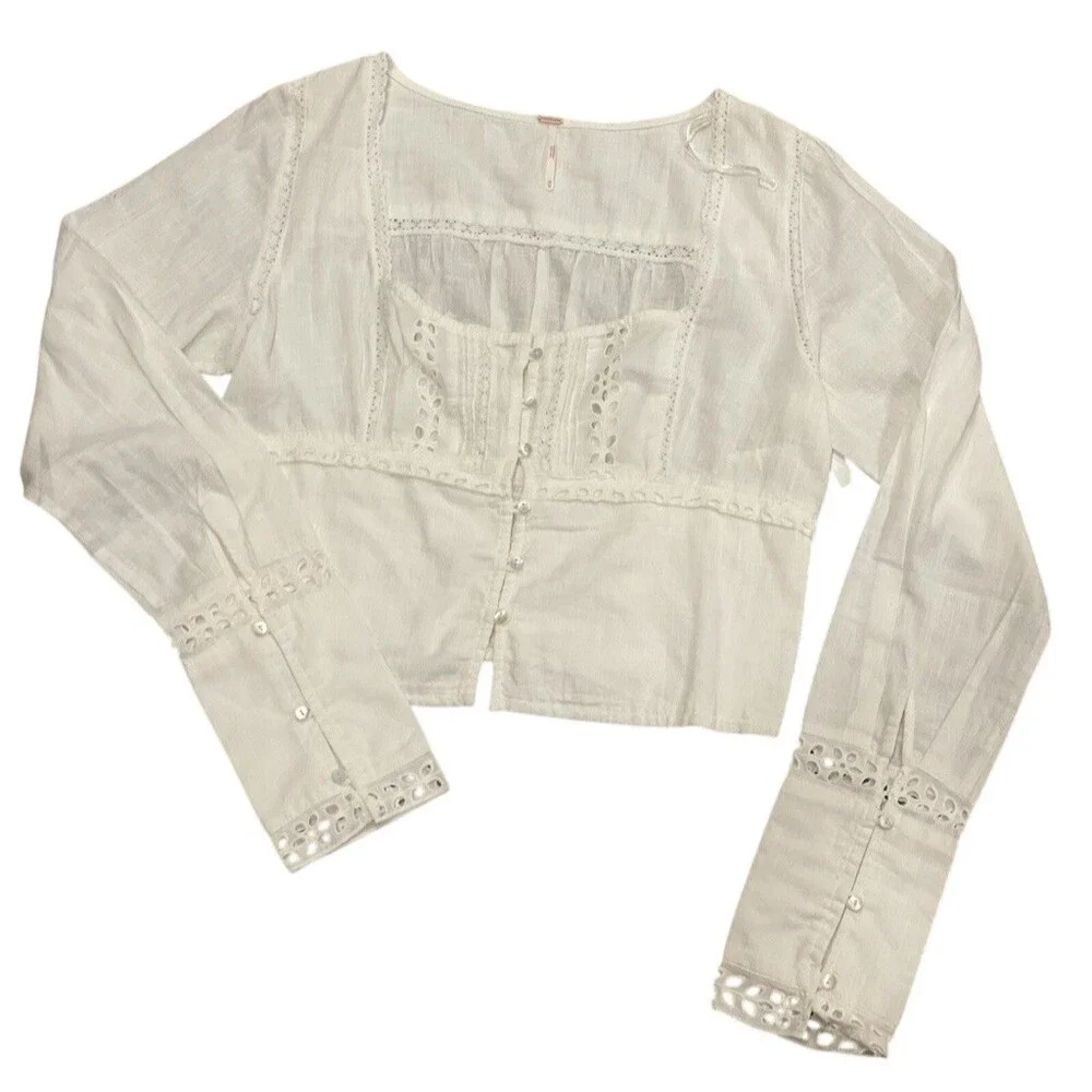 Free People Joi Eyelet Crop Blouse Boho Cottagecore Poetcore White M